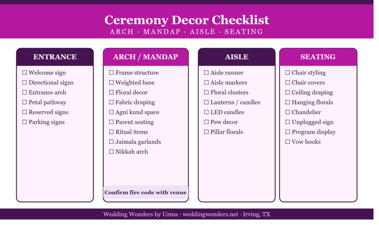 Wedding Ceremony Decor Checklist